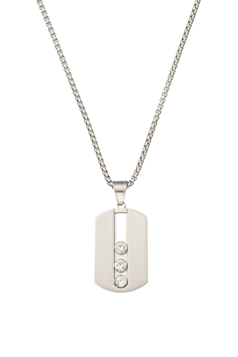 Silver tone titanium dog tag necklace studded with CZ crystals.