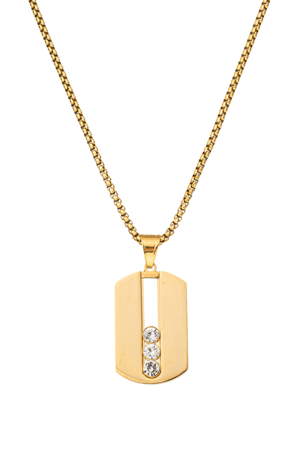 Gold tone titanium dog tag pendant necklace studded with CZ crystals.