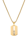 Gold tone titanium dog tag pendant necklace studded with CZ crystals.