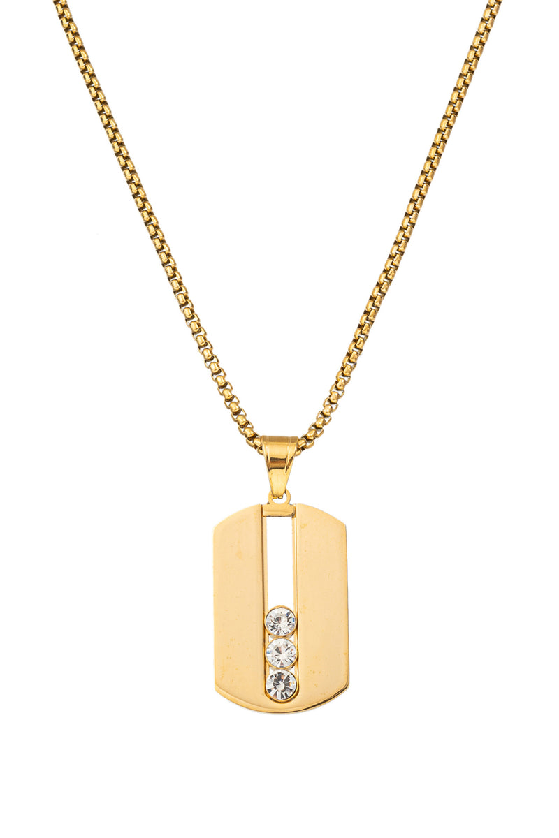Gold tone titanium dog tag pendant necklace studded with CZ crystals.