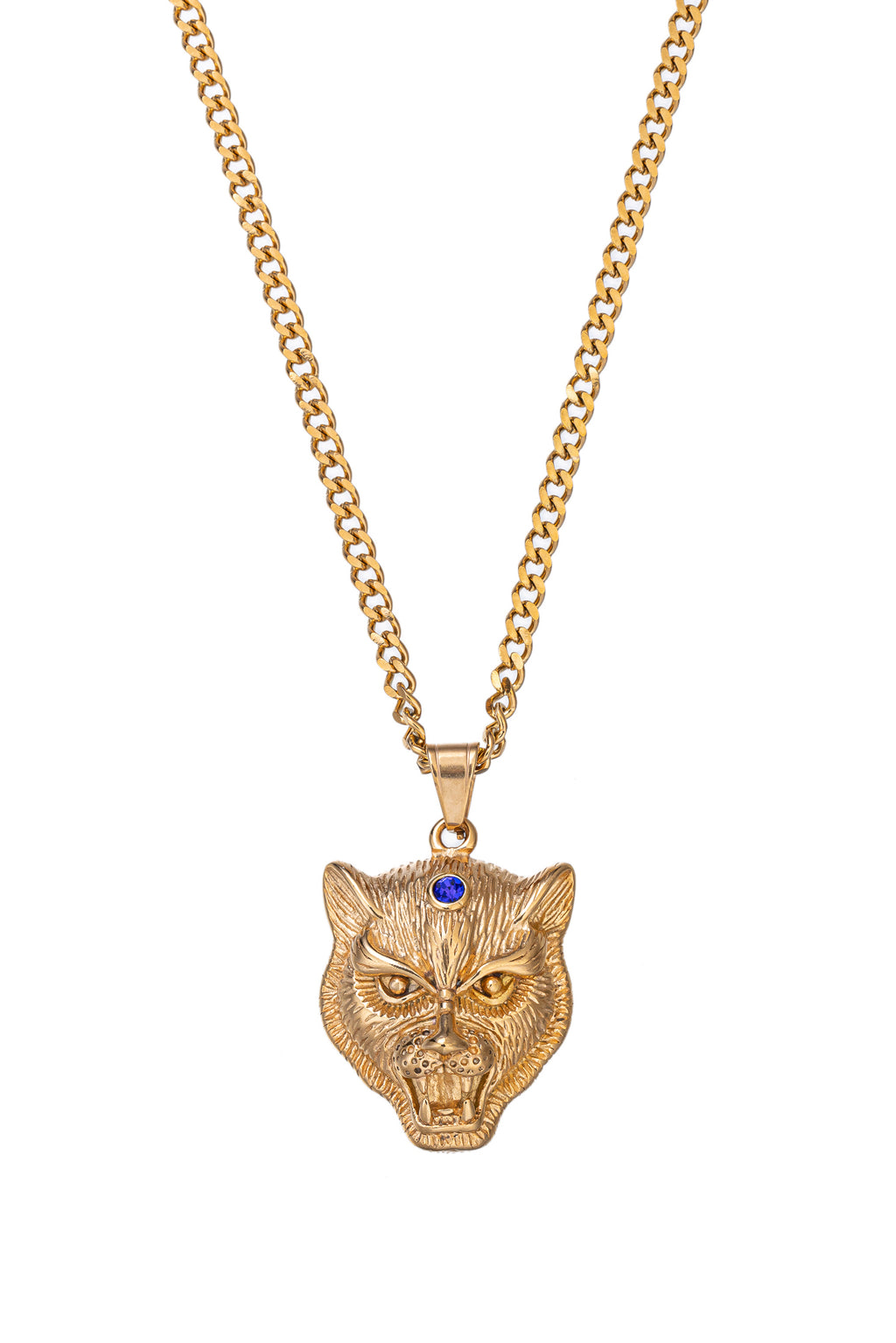 Gold tone titanium cuate pendant necklace with a single blue stone on the forehead.
