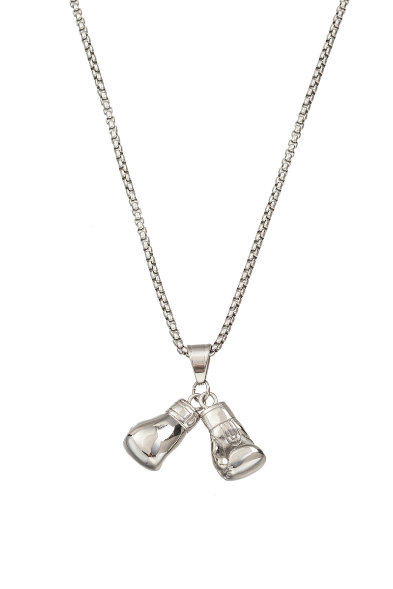 Silver tone titanium boxing gloves pendant necklace.
