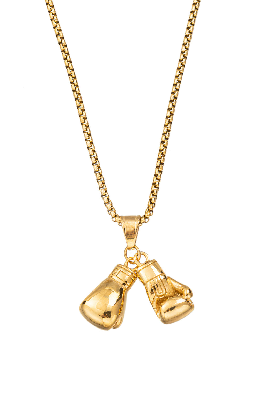 Gold tone titanium boxing gloves pendant necklace.
