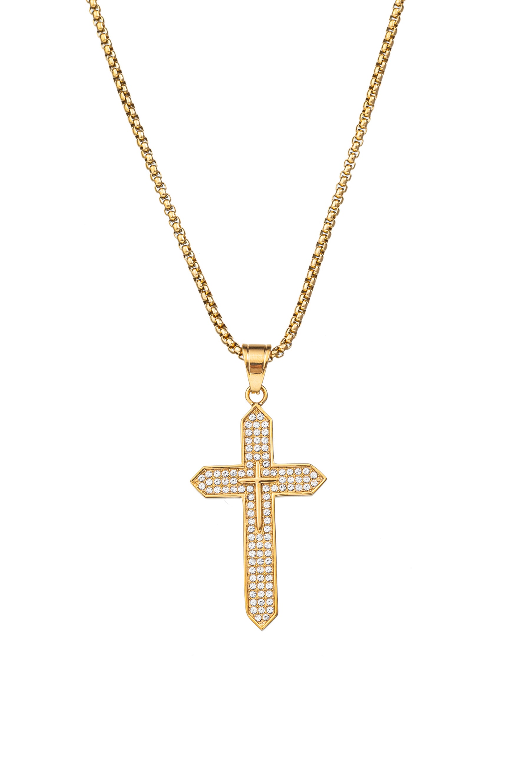 Gold tone titanium spike cross pendant necklace studded with CZ crystals.