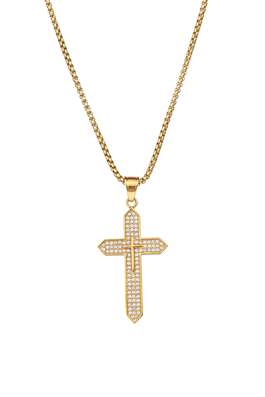 Gold tone titanium spike cross pendant necklace studded with CZ crystals.