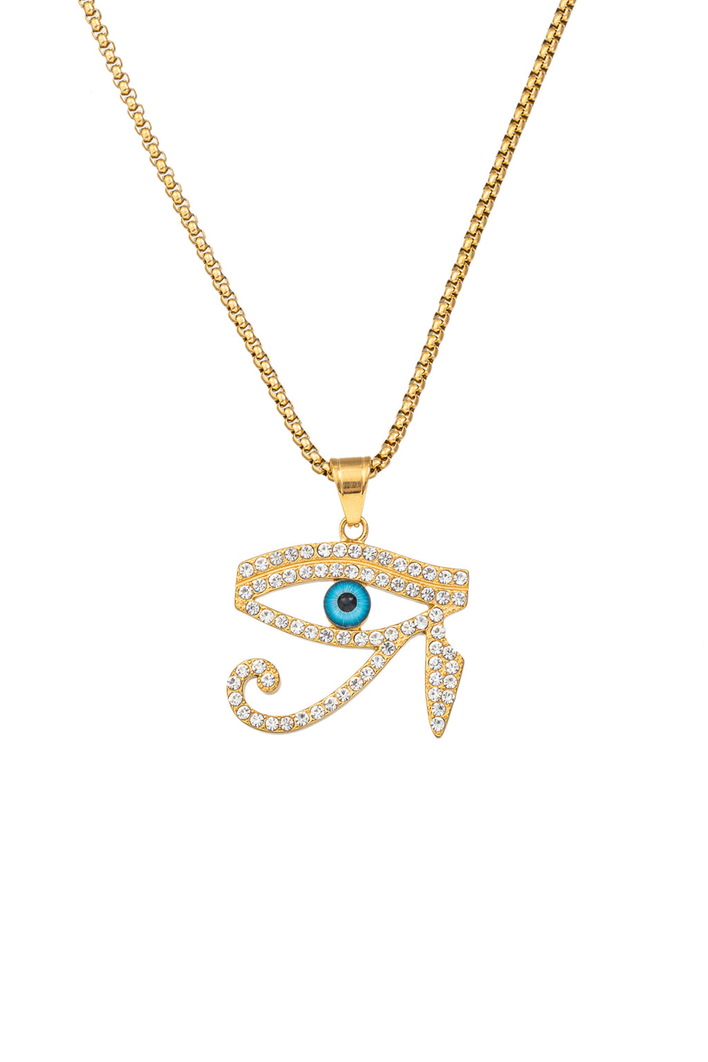 Gold tone titanium eye pendant necklace studded with CZ crystals.