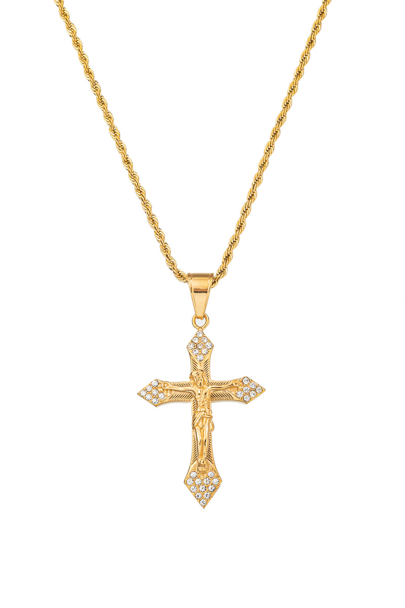Gold tone titanium Jesus Christ pendant necklace studded with CZ crystals.