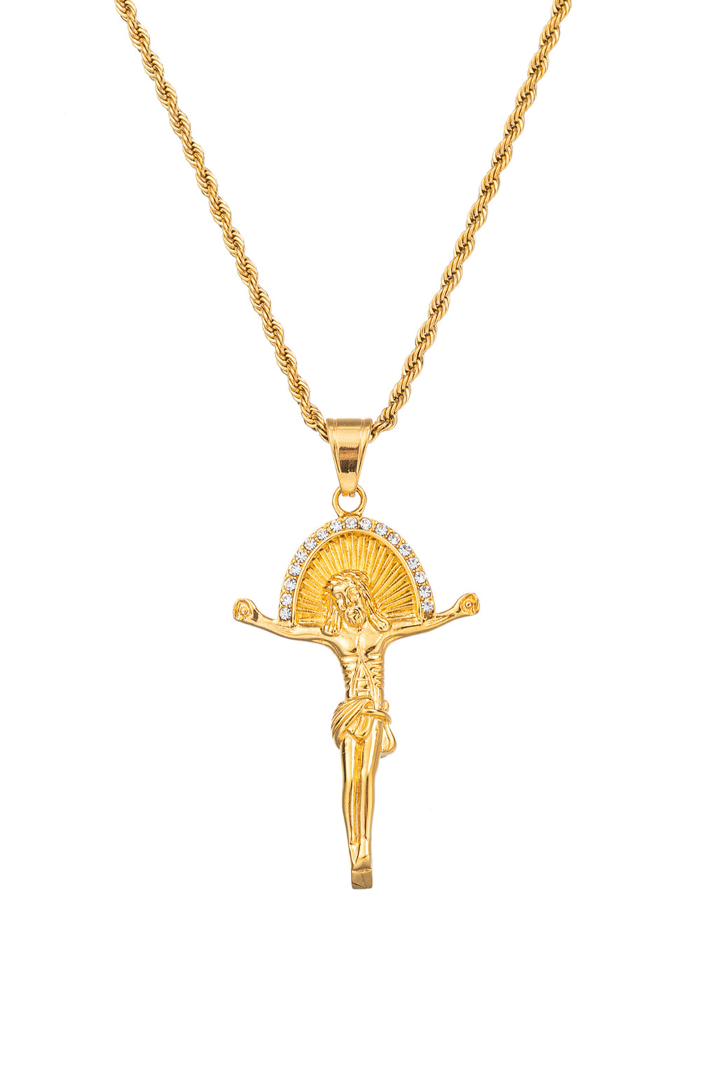 Gold tone titanium Jesus Christ sun pendant necklace studded with CZ crystals.