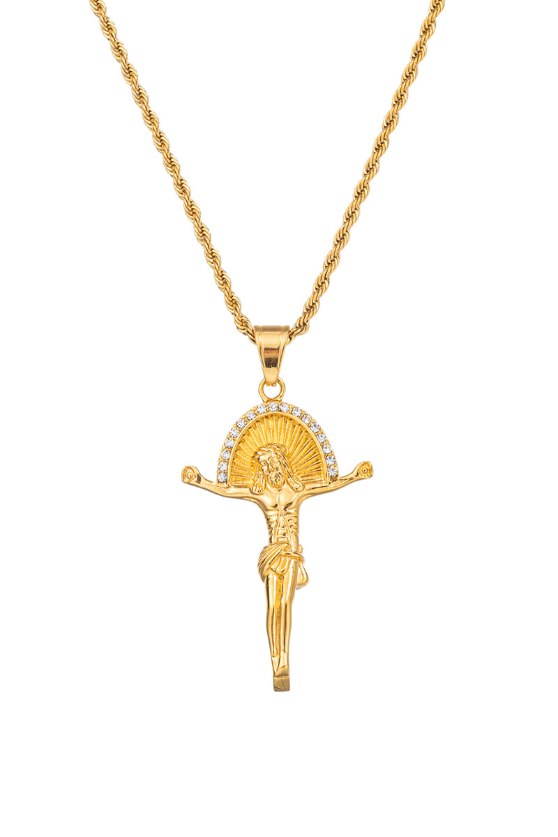 Gold tone titanium Jesus Christ sun pendant necklace studded with CZ crystals.