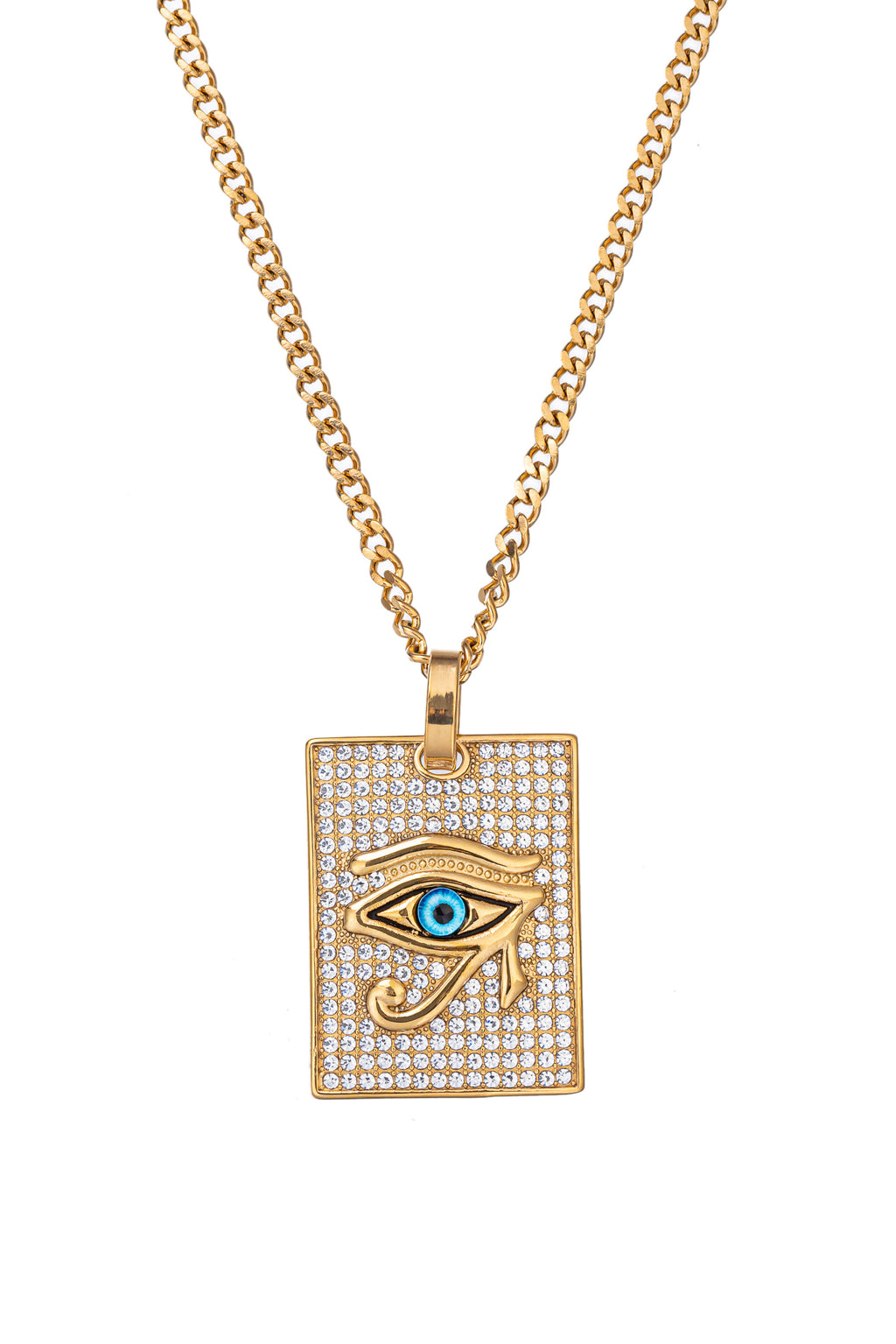 Gold tone titanium square eye pendant necklace studded with CZ crystals.