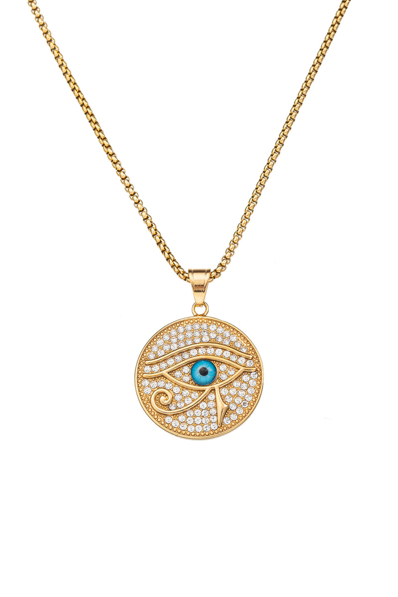 Gold tone titanium circle eye pendant necklace studded with CZ crystals.