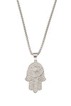 Silver tone titanium hamsa hand pendant necklace studded with CZ crystals.