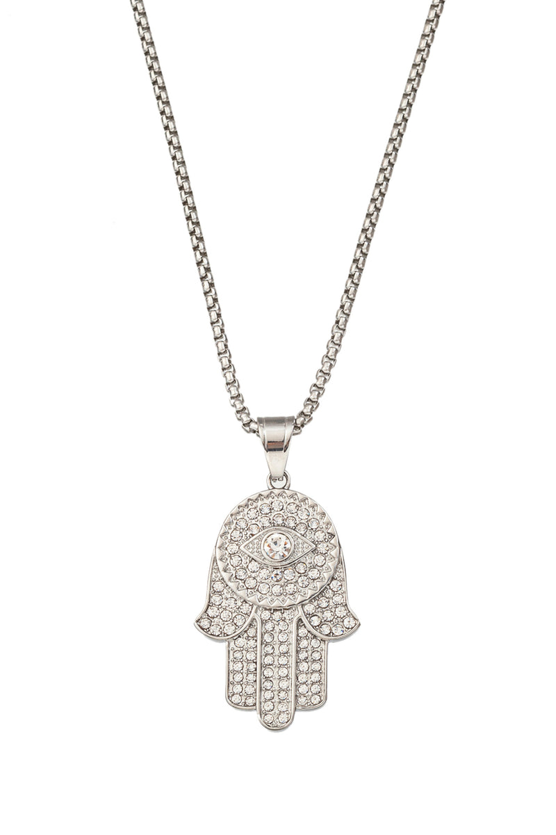 Silver tone titanium hamsa hand pendant necklace studded with CZ crystals.