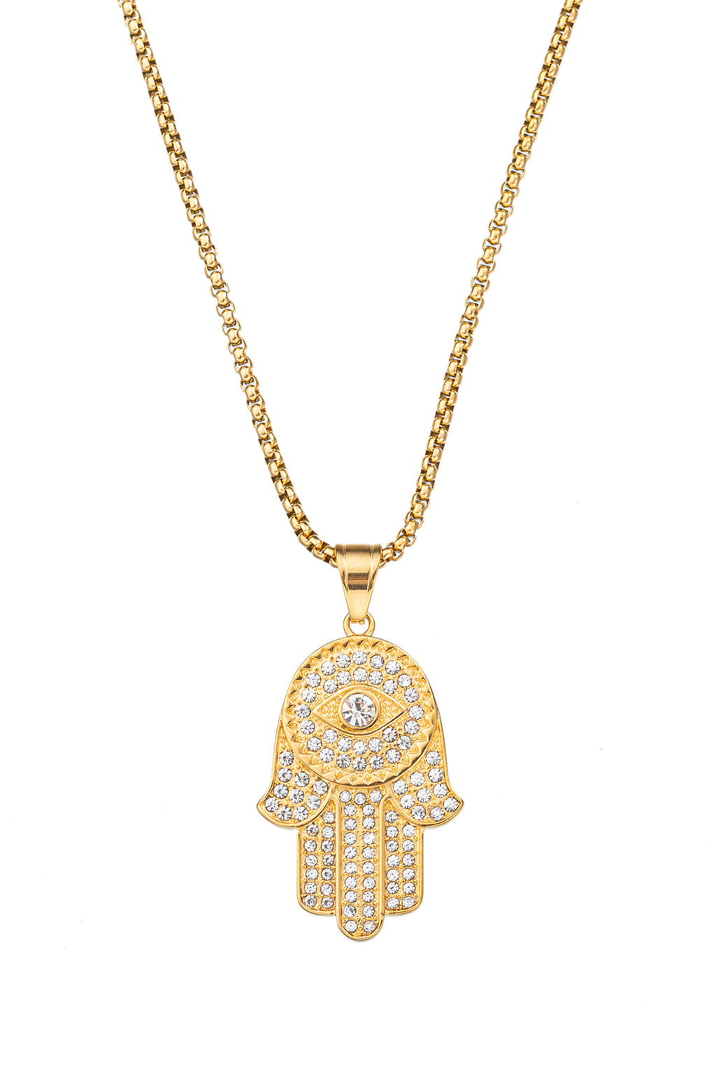 Gold tone titanium hamsa hand pendant studded with CZ crystals.