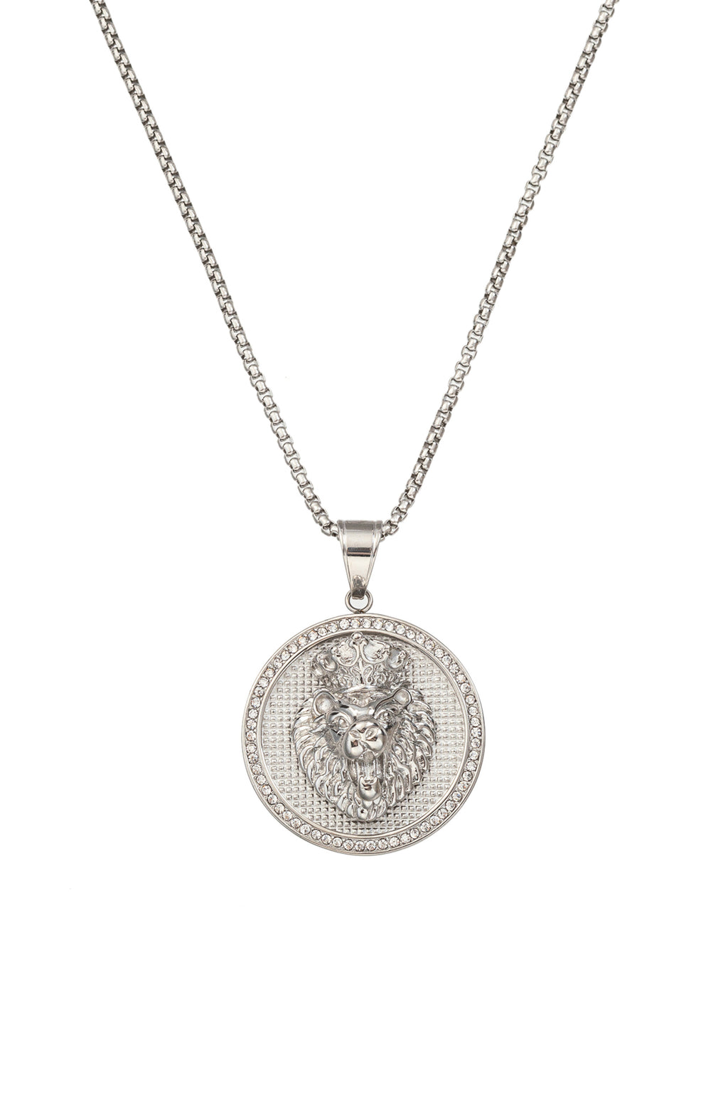Silver tone titanium lion head pendant necklace studded with CZ crystals.