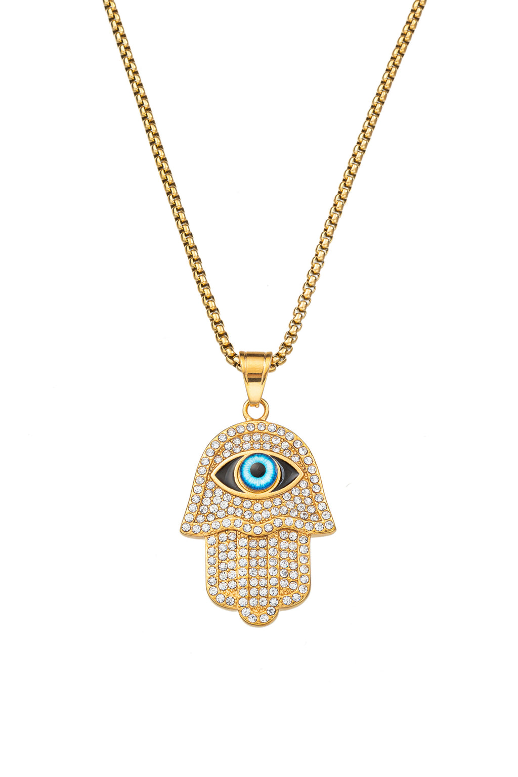 Gold tone titanium hamsa pendant necklace studded with CZ crystals.