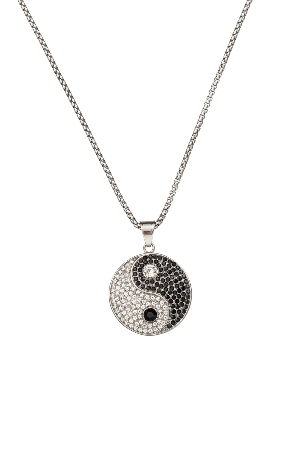 Silver tone titanium yin & yang pendant necklace studded with CZ crystals.
