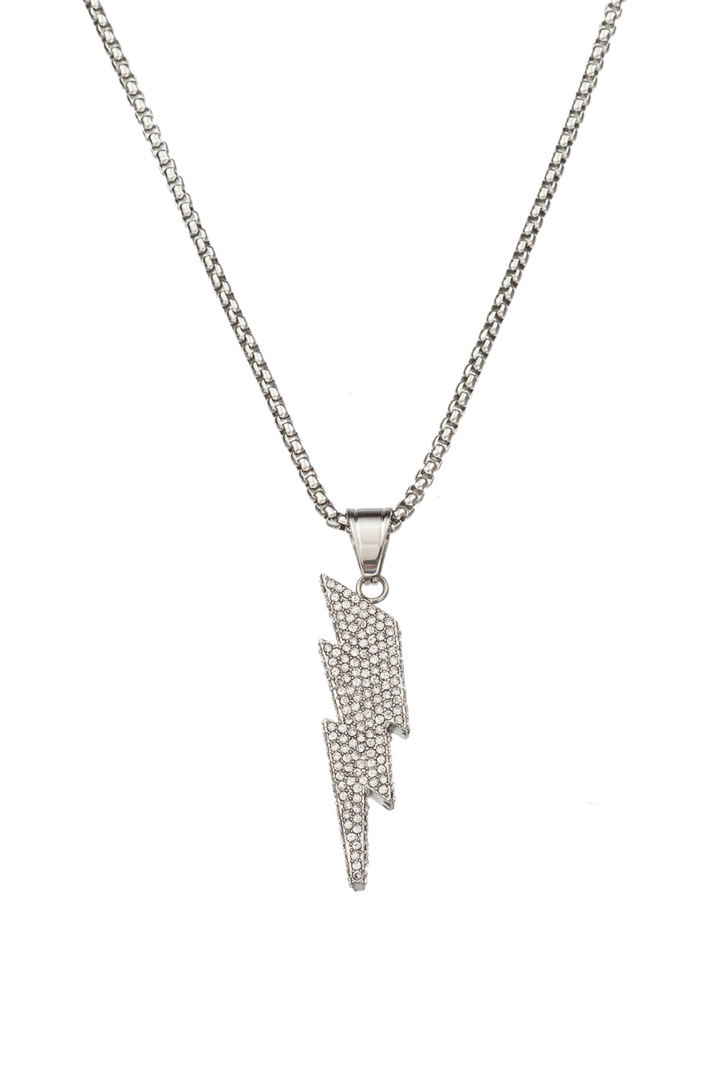 Silver tone titanium thunderbolt pendant necklace studded with CZ crystals.