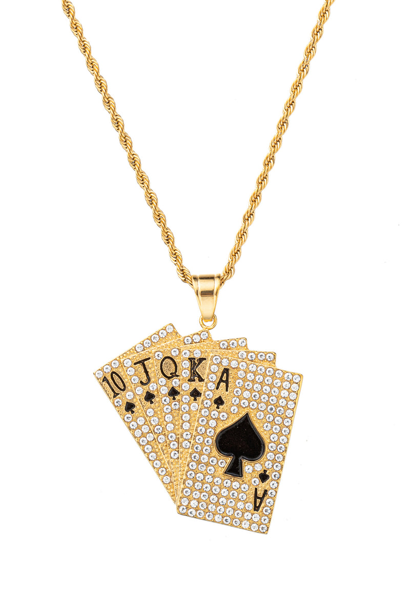 Gold tone titanium royal flush cards pendant studded with CZ crystals.