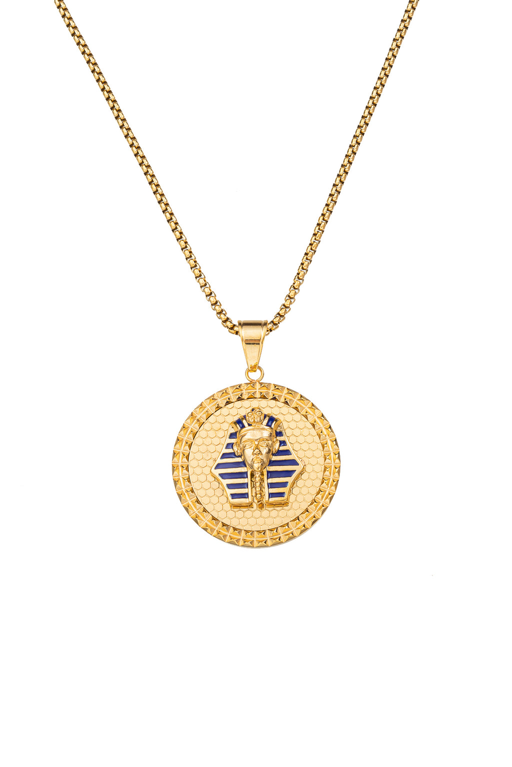 Gold tone titanium Egyptian king pendant necklace studded with CZ crystals.