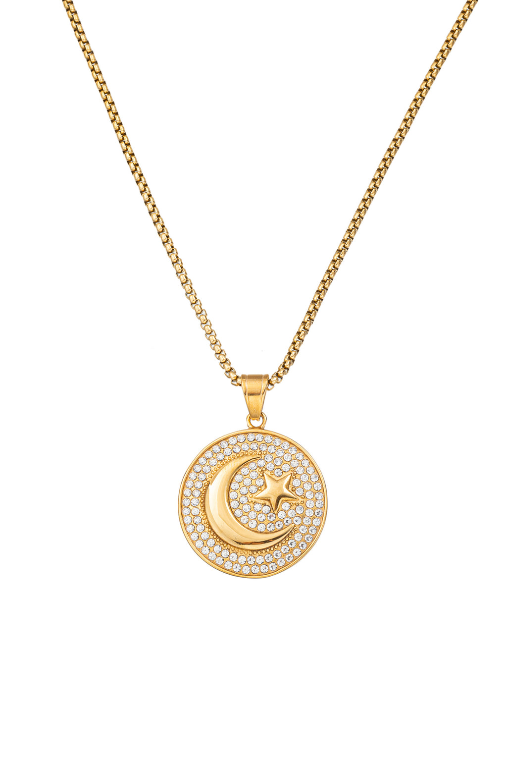 Gold tone titanium star and moon pendant necklace studded with CZ crystals.