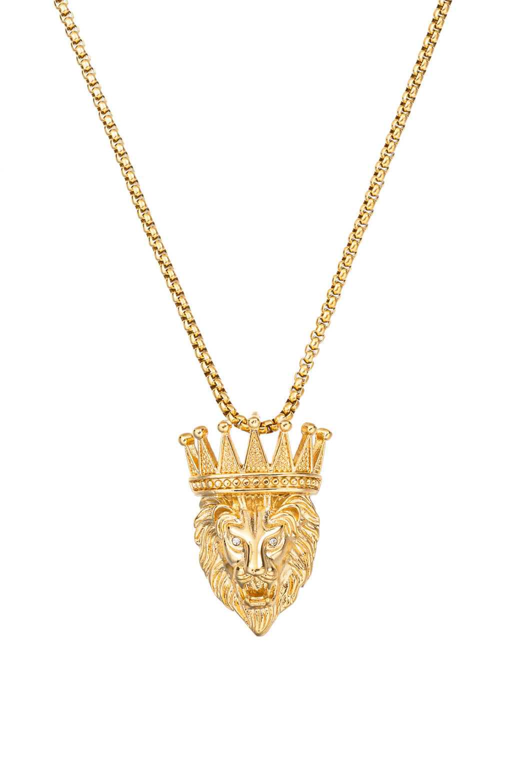 Gold tone titanium lion head king pendant necklace with CZ crystal eyes.
