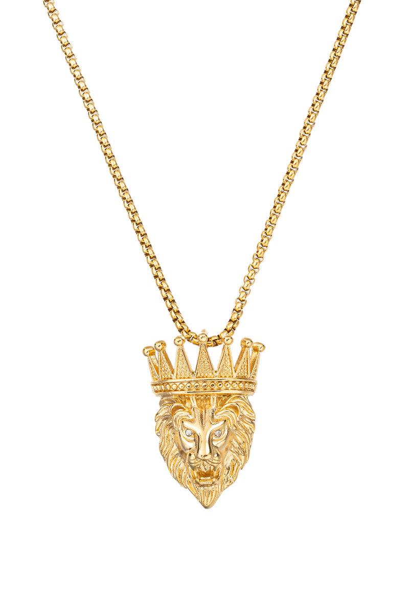 Gold tone titanium lion head king pendant necklace with CZ crystal eyes.