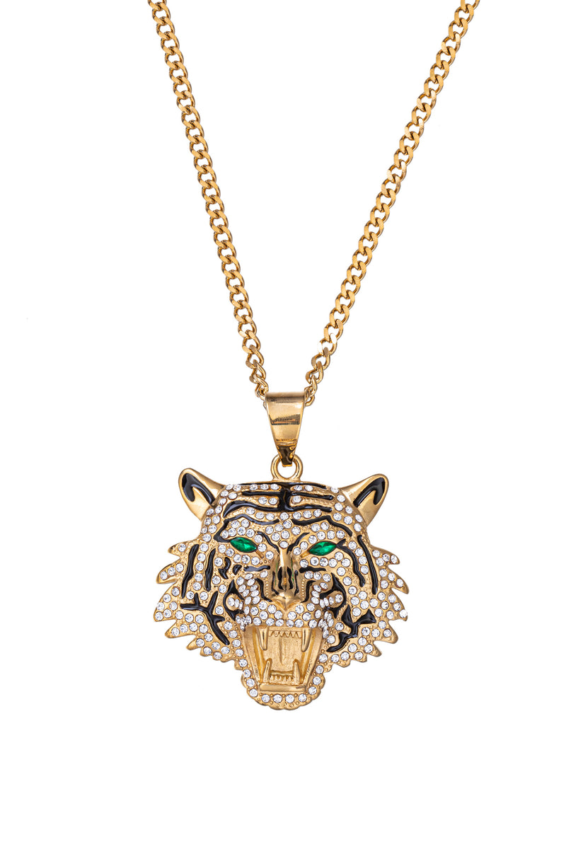 Gold tone titanium tiger head pendant necklace studded with CZ crystals.