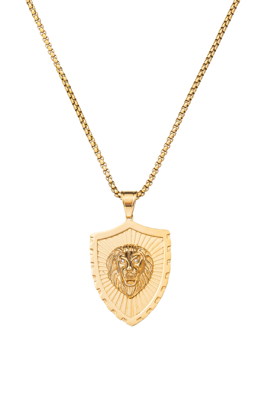Gold tone titanium lion head shield pendant necklace studded with CZ crystals.