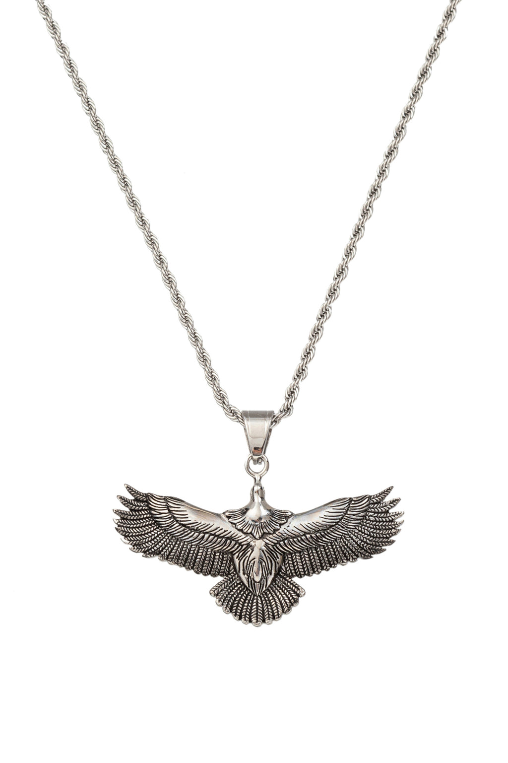 Silver tone titanium flying eagle pendant necklace.