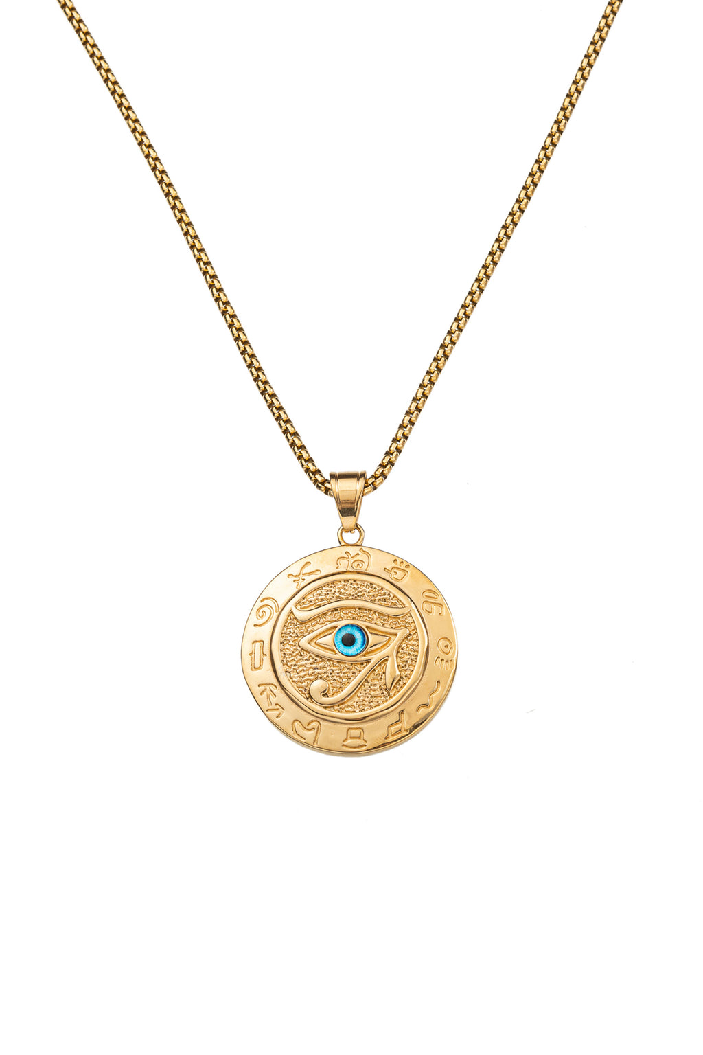 Gold tone titanium eye pendant necklace.