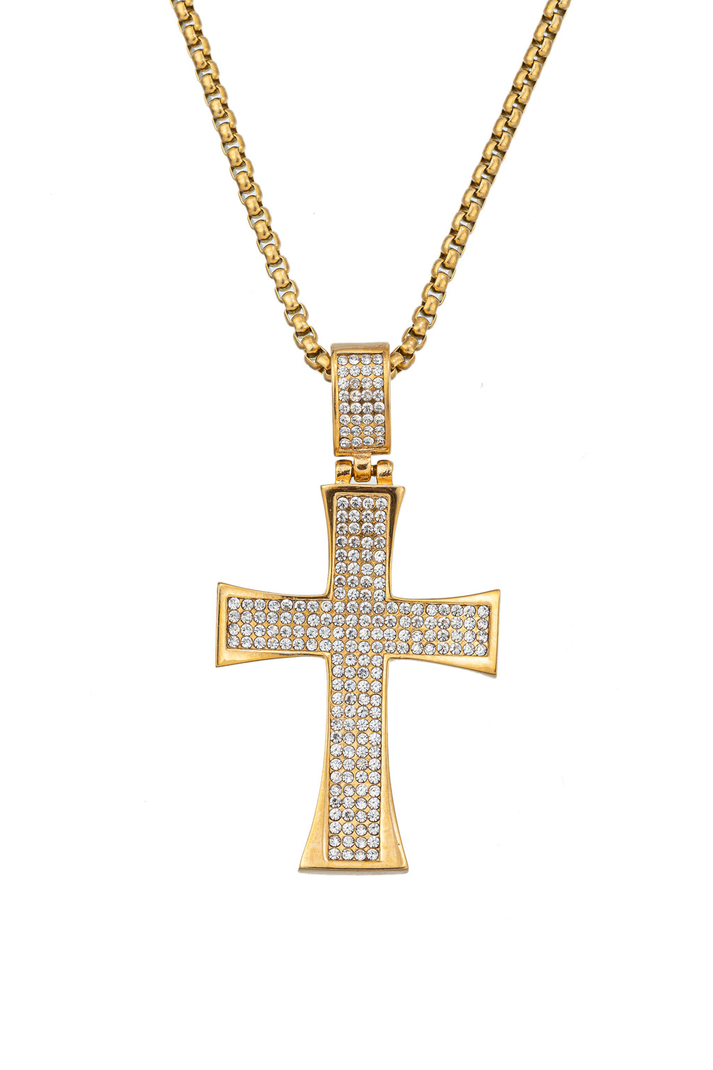 Gold tone titanium cross pendant necklace studded with CZ crystals.