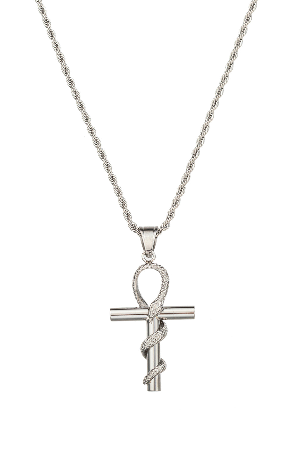 Silver tone titanium snake cross pendant necklace.
