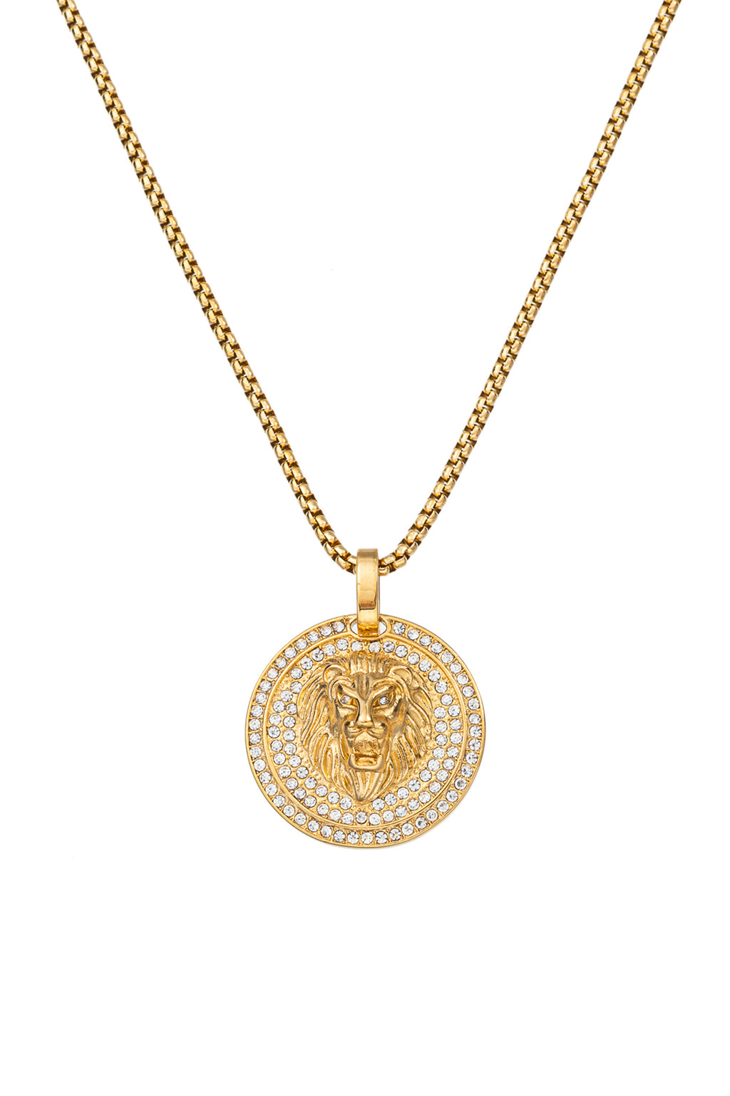 Gold tone titanium lion head pendant necklace studded with CZ crystals.