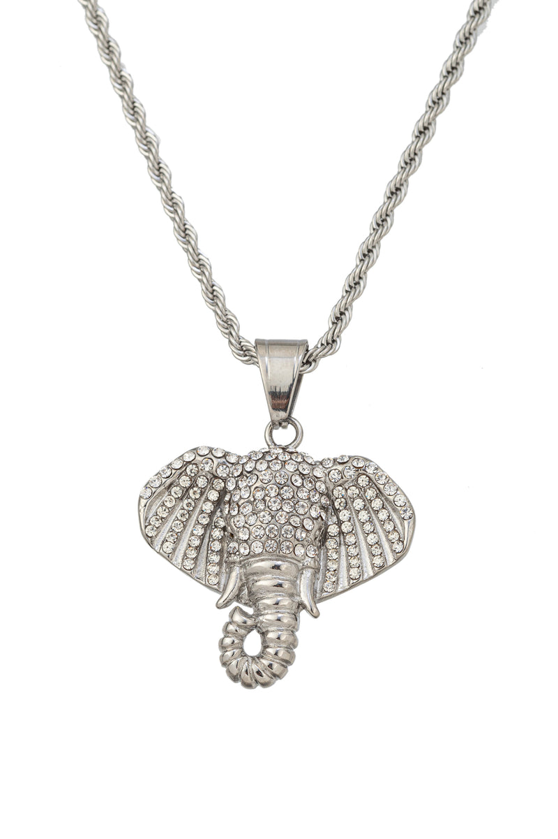 Silver tone titanium elephant head pendant necklace studded with CZ crystals.