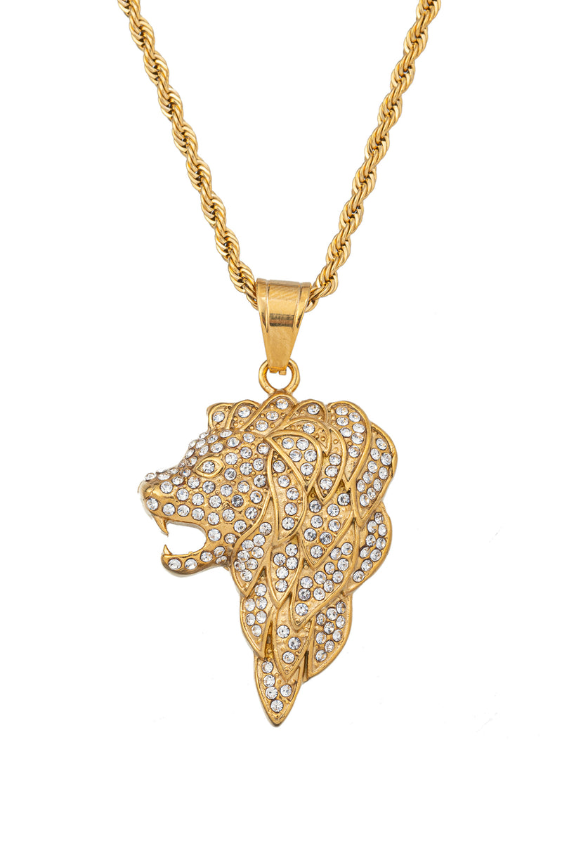 Gold tone titanium lion pendant necklace studded with CZ crystals.