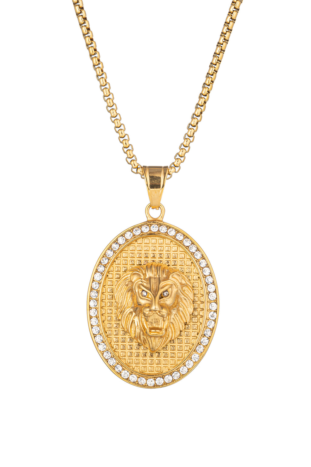 Gold tone titanium lion seal pendant necklace studded with CZ crystals.
