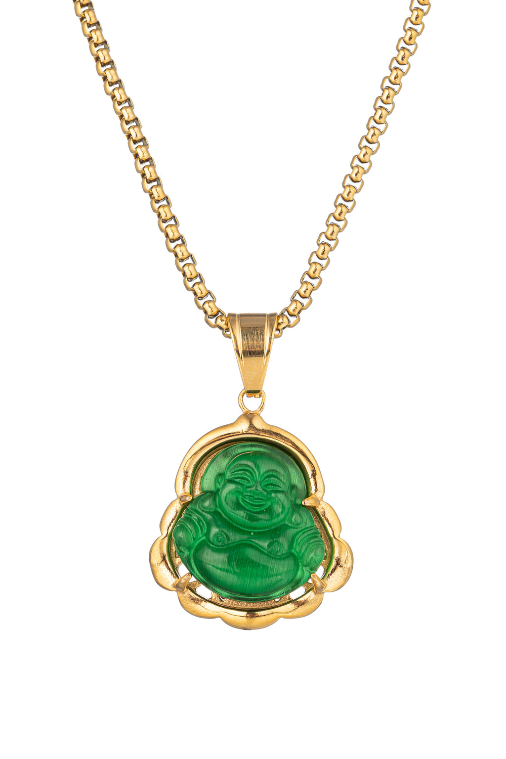 Gold tone titanium necklace with a green agate stone Buddha pendant.