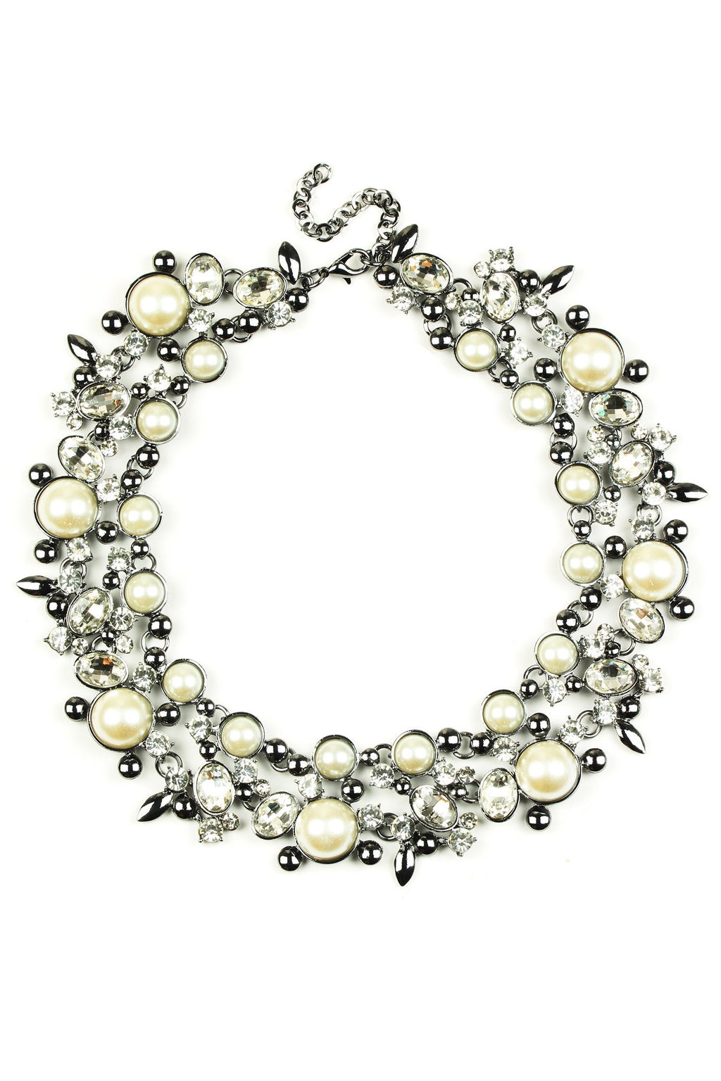 large statement necklace beaded with shiny pearls and glass crystals.