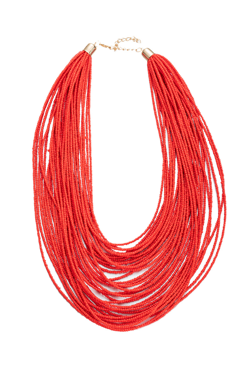 Red alloy tiered beaded statement necklace. 