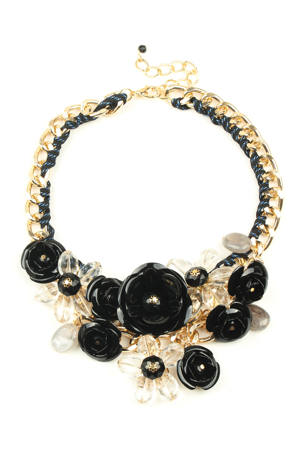 12 Inch gold statement necklace with chunky chain and array of black and gold metal flowers.