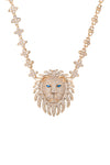 Gold tone brass lion head pendant necklace studded with CZ crystals.