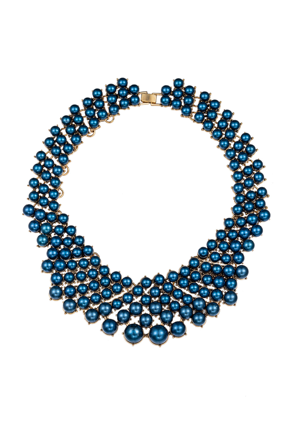 Blue alloy statement necklace studded with glass pearls.
