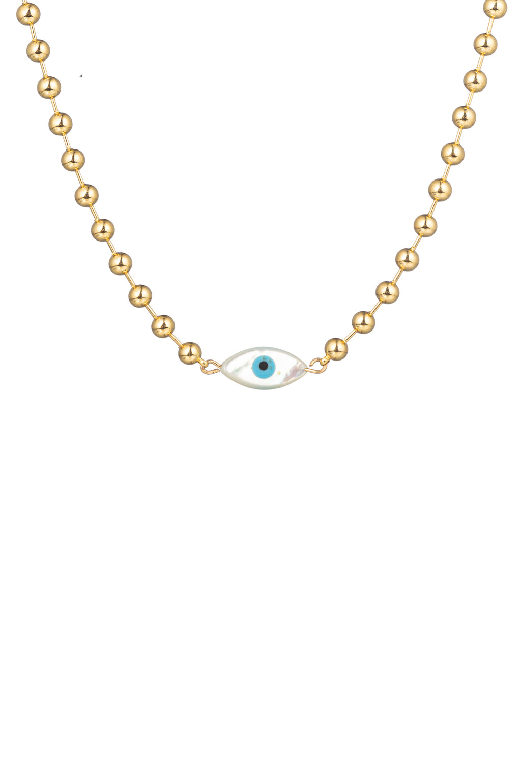 Gold tone titanium beaded necklace with a shell pearl eye pendant.