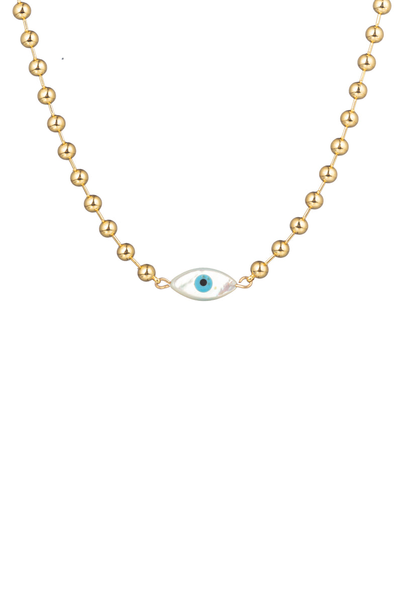 Gold tone titanium beaded necklace with a shell pearl eye pendant.