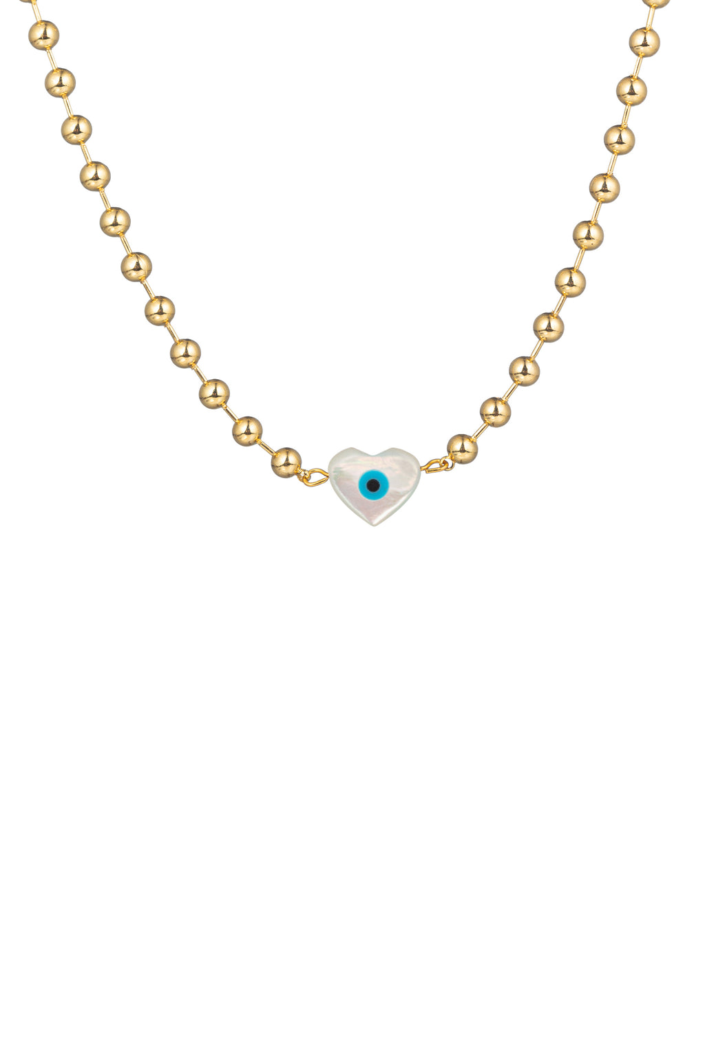 Gold tone titanium beaded necklace with a shell pearl eye heart pendant.