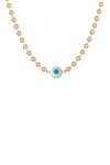 Gold tone titanium beaded necklace with a shell pearl evil eye pendant.
