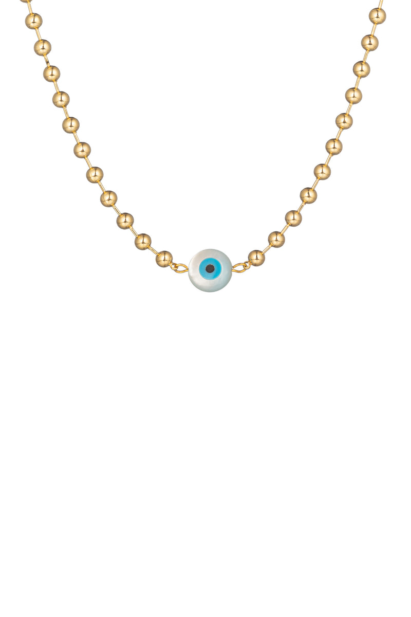 Gold tone titanium beaded necklace with a shell pearl evil eye pendant.