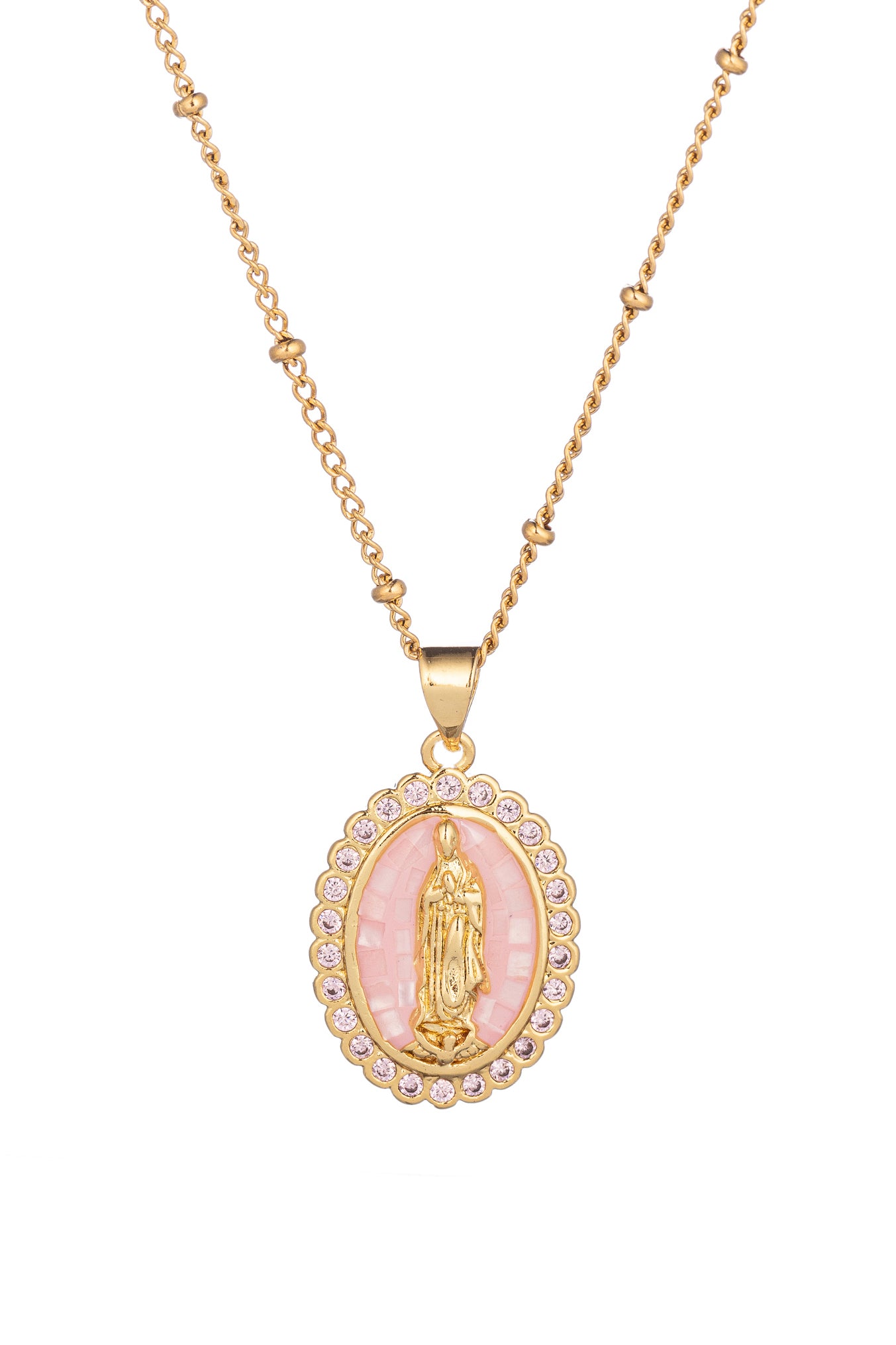 Women's Gold Titanium CZ Rose Quartz Virgin Mary Pendant Necklace