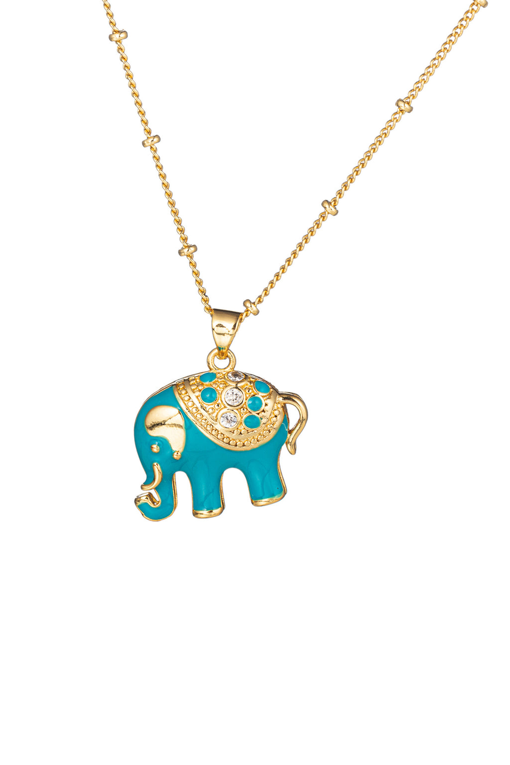 Gold tone titanium teal elephant pendant necklace studded with CZ crystals.